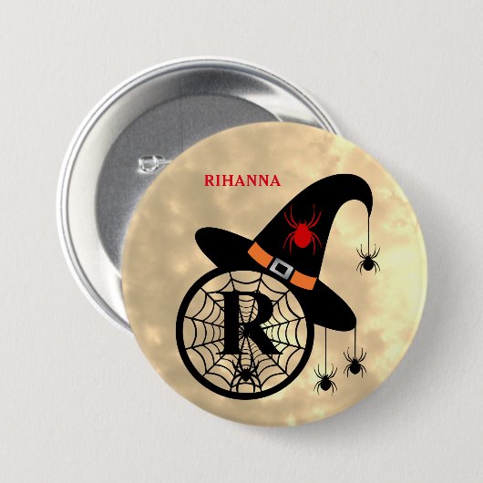 Monogram R Halloween Sky Hexenspinnen Name Button (Vorne & Hinten)
