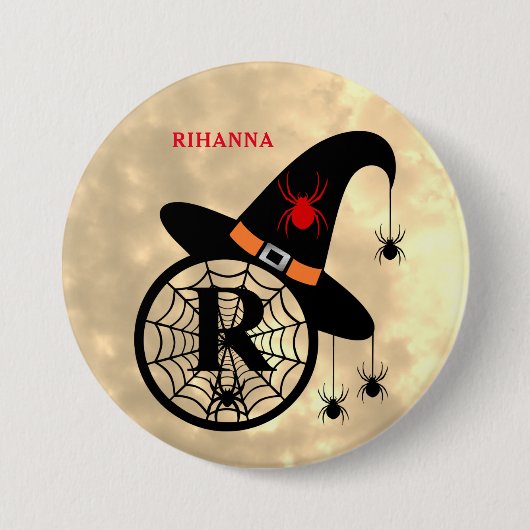 Monogram R Halloween Sky Hexenspinnen Name Button (Vorderseite)