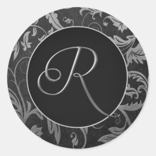 Monogram R Silver and Black Damask Wedding Siegel Runder Aufkleber