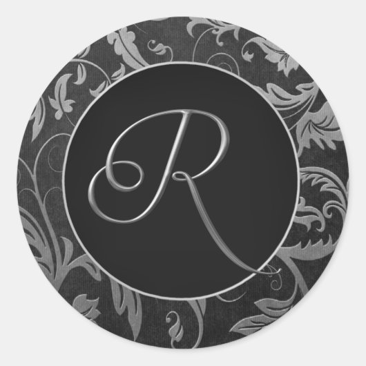 Monogram R Silver and Black Damask Wedding Siegel Runder Aufkleber (Vorderseite)