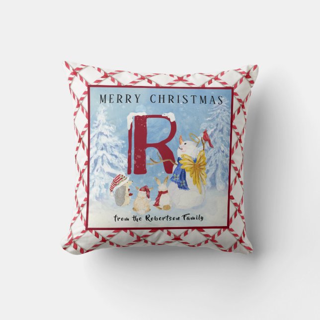 Monogram R Snowy Snowman Angel Igel Rabbits Kissen (Vorderseite)