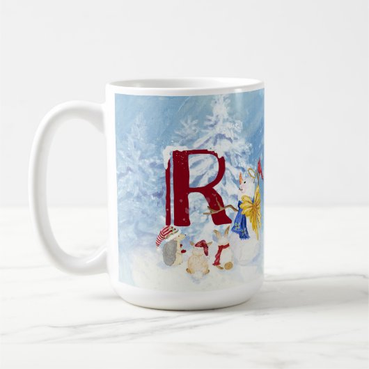 Monogram R Snowy Woodland Animals Snowman Trees Kaffeetasse (Links)