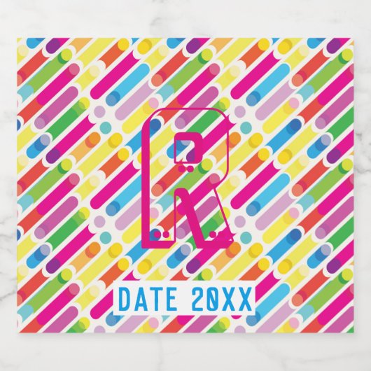 Monogram Rainbow Diagonal Lines Muster Pop Art Bierflaschenetikett (Einzelnes Label)