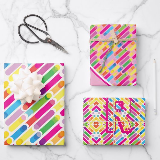 Monogram Rainbow Diagonal Lines Muster Pop Art Geschenkpapier Set (Vorderseite)
