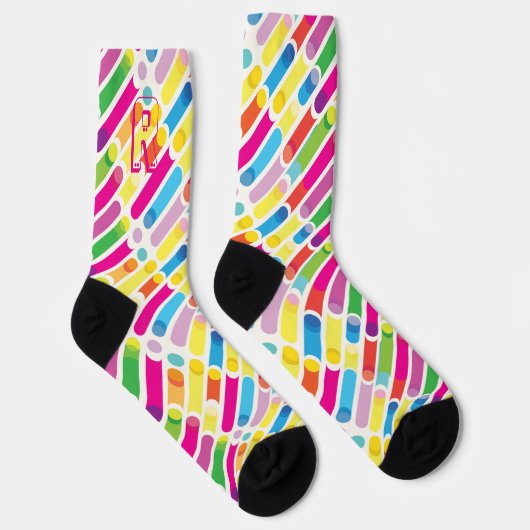 Monogram Rainbow Diagonal Lines Muster Pop Art Socken (Rechts)
