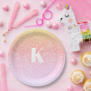 Monogram Rainbow Glitzer Glam Baby Shower Ombre Pappteller
