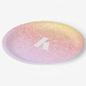 Monogram Rainbow Glitzer Glam Baby Shower Ombre Pappteller (Schrägansicht)