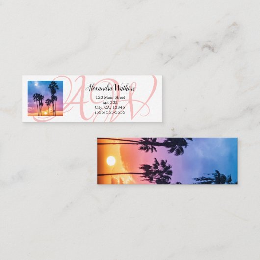 Monogram Rainbow Palm Tree Sunset Foto Personal Mini Visitenkarte (Vorne/Hinten)