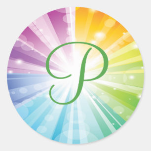 Monogram-Rainbow-Striping-Sunburst-Hochzeitsticker Runder Aufkleber