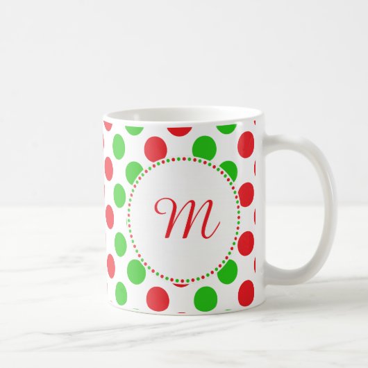 Monogram Red and Green Polka Dot Pattern Weihnacht Kaffeetasse (Rechts)