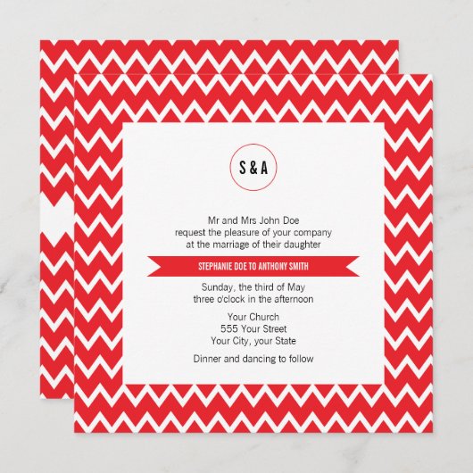 Monogram Red and White Zickzack Pattern Wedding Einladung (Vorne/Hinten)