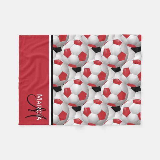 Monogram Red Black and White Soccer Ball Pattern Fleecedecke (Vorderseite (Horizontal))