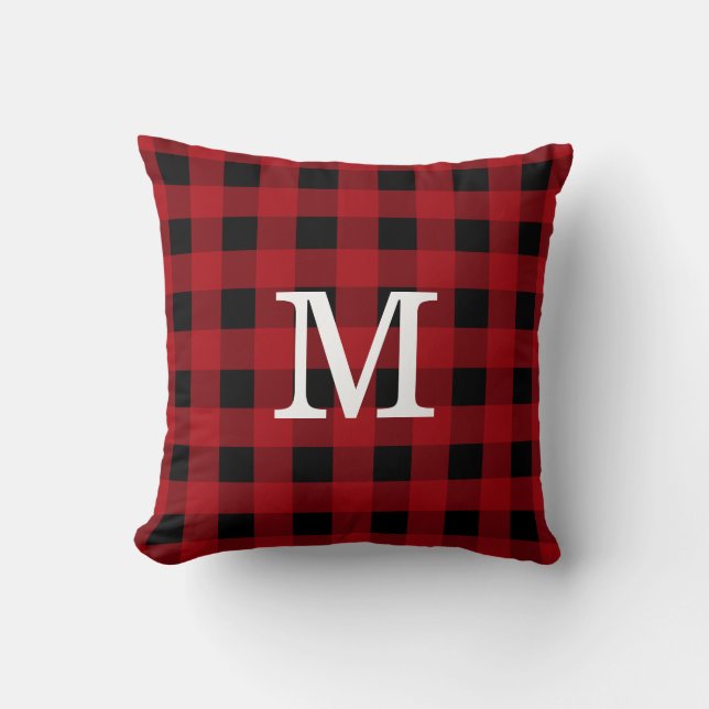 Monogram Red Black Buffalo Kariert Rustic Cabin Kissen (Vorderseite)