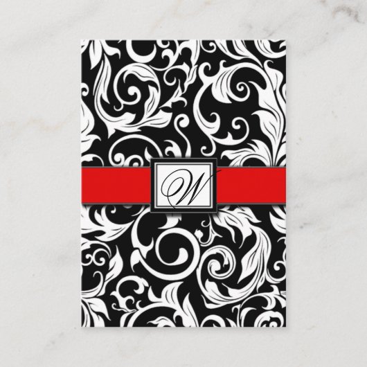 Monogram Red Black Damask Wedding Empfang Cards Begleitkarte (Vorderseite)