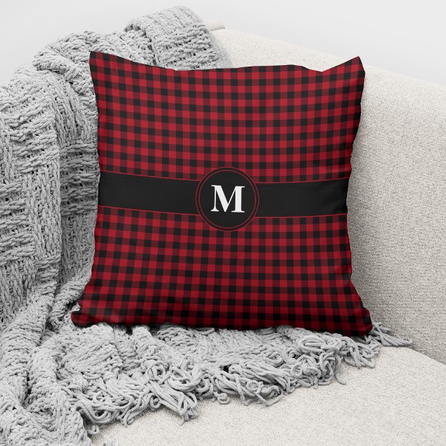 Monogram Red & Black Gingham Kariert Karos Muster Kissen (Von Creator hochgeladen)