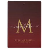 Monogram Red Black Gold Calligraphy Personalized Klemmbrett (Rückseite)