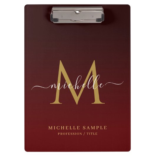 Monogram Red Black Gold Calligraphy Personalized Klemmbrett (Vorderseite)