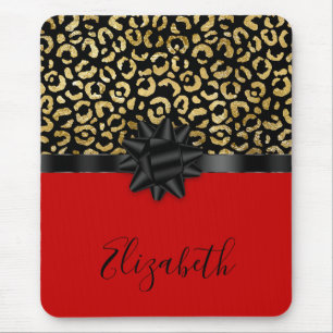 Monogram Red Black Gold Leopard Print Bow Trendy Mousepad