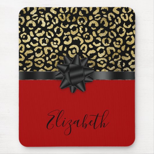 Monogram Red Black Gold Leopard Print Bow Trendy Mousepad (Vorne)
