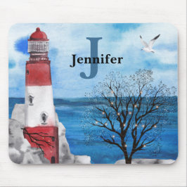 Monogram Red & Blue Lighthouse Wasserfarbe Kunst Mousepad
