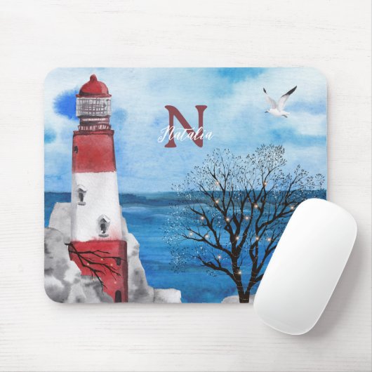 Monogram Red & Blue Lighthouse Wasserfarbe Kunst Mousepad (Mit Mouse)
