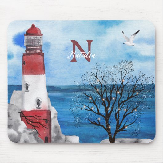 Monogram Red & Blue Lighthouse Wasserfarbe Kunst Mousepad (Vorne)