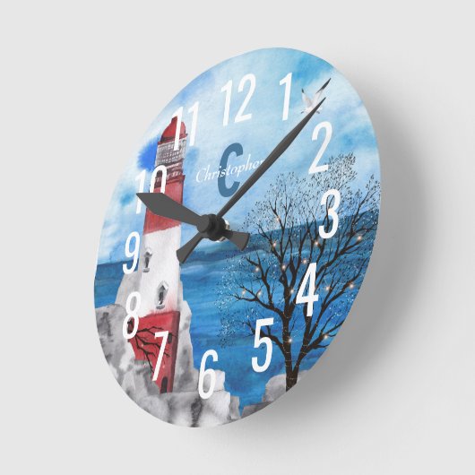 Monogram Red & Blue Lighthouse Wasserfarbe Kunst Runde Wanduhr (Winkel)