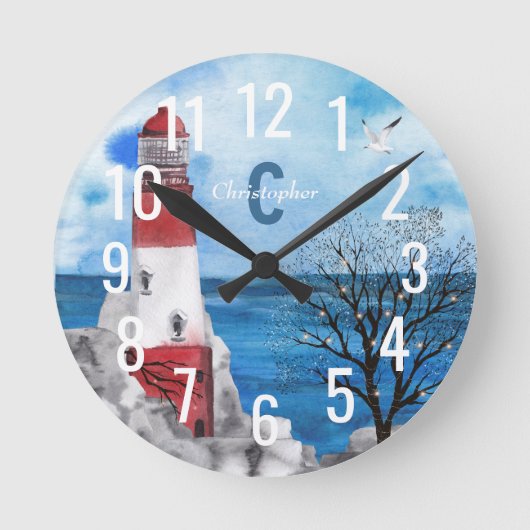 Monogram Red & Blue Lighthouse Wasserfarbe Kunst Runde Wanduhr (Vorderseite)