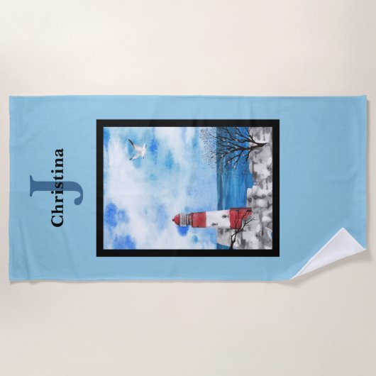 Monogram Red & Blue Lighthouse Wasserfarbe Kunst Strandtuch (Vorderseite)