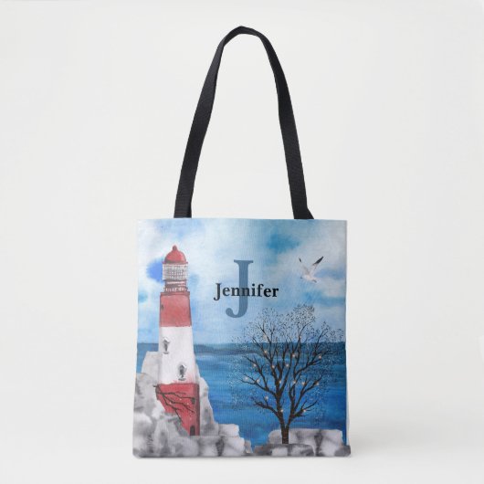 Monogram Red & Blue Lighthouse Wasserfarbe Kunst Tasche (Vorderseite)