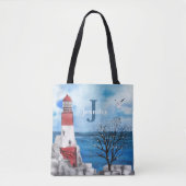 Monogram Red & Blue Lighthouse Wasserfarbe Kunst Tasche (Vorderseite)