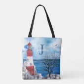 Monogram Red & Blue Lighthouse Wasserfarbe Kunst Tasche (Rückseite)