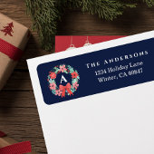 Monogram Red Bow Wreath Blue Holiday Address Label