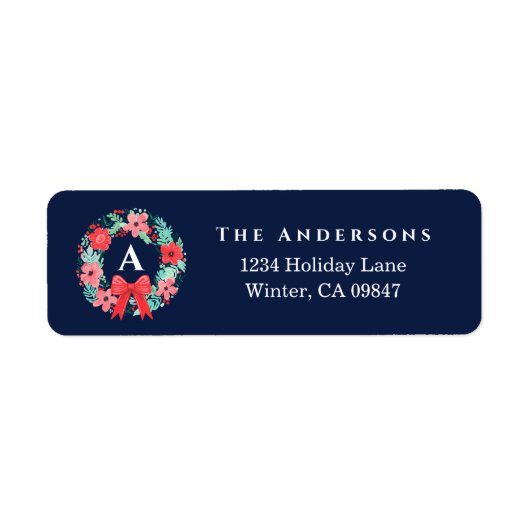 Monogram Red Bow Wreath Blue Holiday Address Label (Vorne)