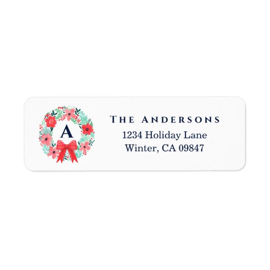Monogram Red Bow Wreath Holiday Address Label (Vorne)