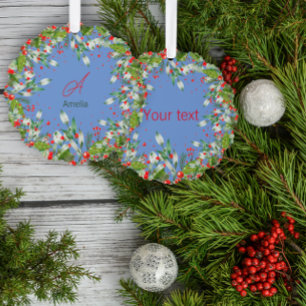 Monogram Red Christmas Blue Classic Round Ornament Karte