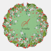 Monogram Red Christmas botanical Classic Round Ornament Karte (Vorderseite)