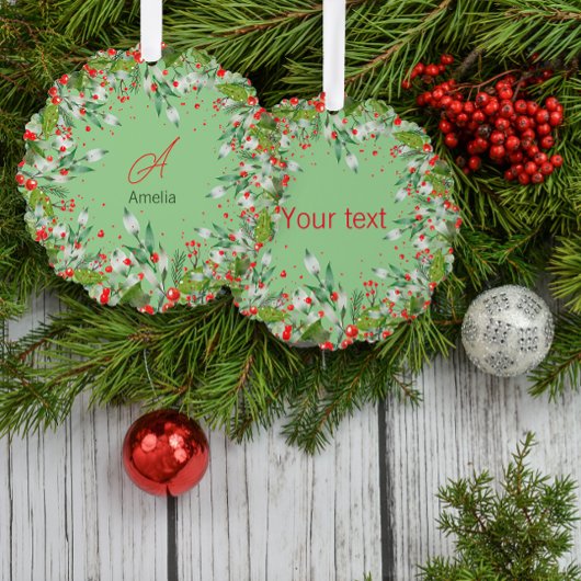 Monogram Red Christmas botanical Classic Round Ornament Karte