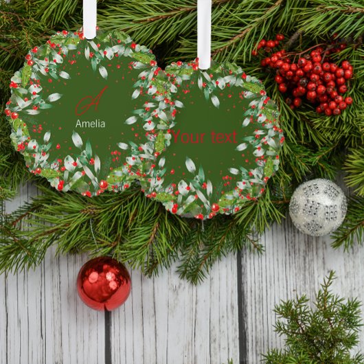 Monogram Red Christmas Green Classic Round Ornament Karte