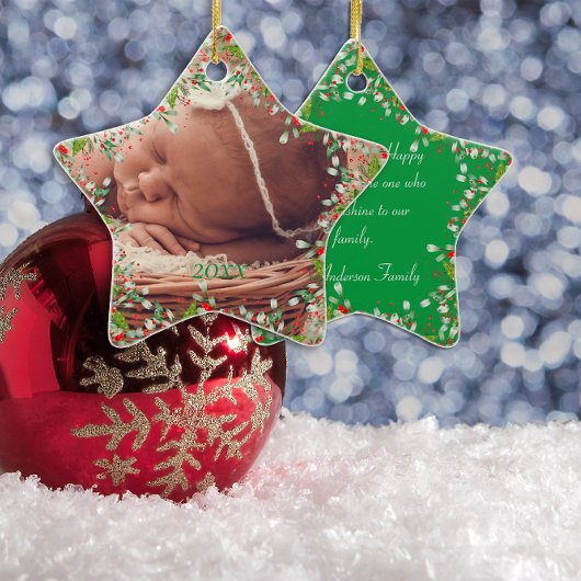 Monogram Red Christmas Green Foto Classic Keramik Ornament