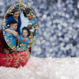 Monogram Red Christmas Green Foto Classic Round Keramik Ornament