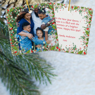 Monogram Red Christmas Green Foto Classic Round Keramikornament