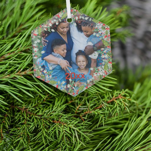 Monogram Red Christmas Green Foto Classic Round Ornament Aus Glas