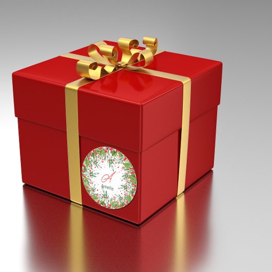 Monogram Red Christmas Greenery Classic Round St Runder Aufkleber