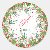 Monogram Red Christmas Greenery Classic Round St Runder Aufkleber (Vorderseite)