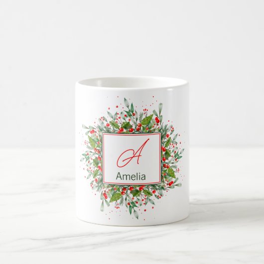 Monogram Red Christmas Greenery Kaffeetasse (Mittel)
