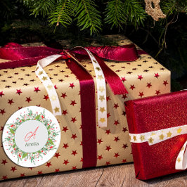 Monogram Red Christmas Greenery Runder Aufkleber