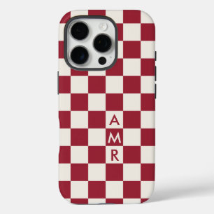 Monogram Red Cream Checkered Pattern iPhone 16 Pro Hülle