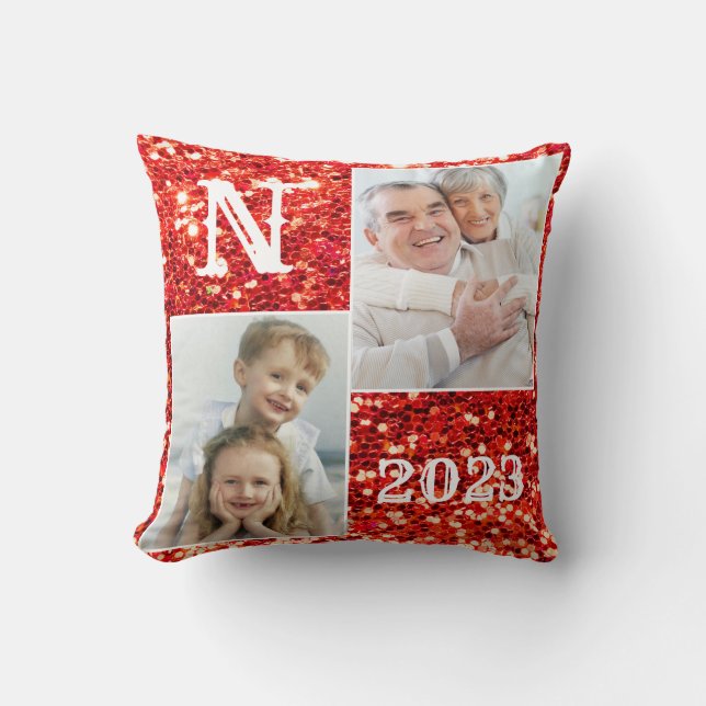 Monogram Red Glitzer Foto Christmas Holiday Kissen (Vorderseite)