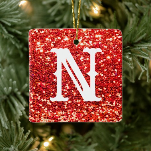 Monogram Red Glitzer Metallic Weihnachtsfeiertag Keramikornament (Baum)